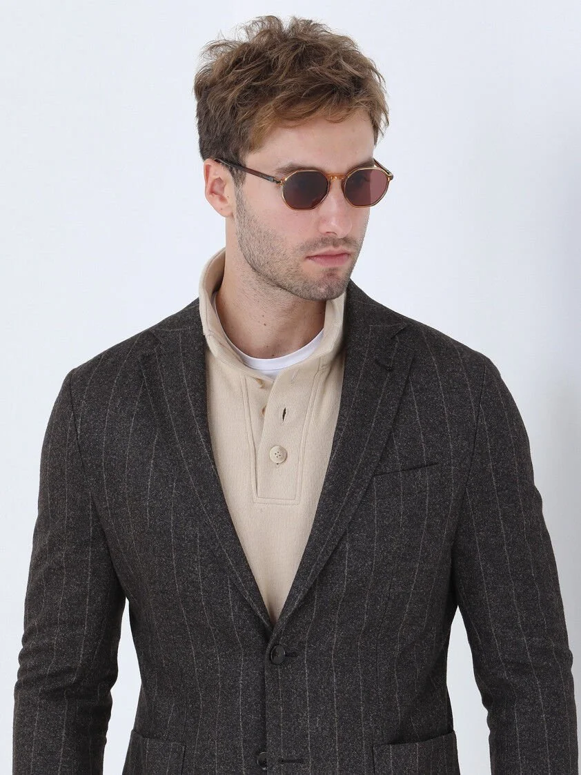Kahverengi Çizgili Modern Fit Örme Ceket - 3