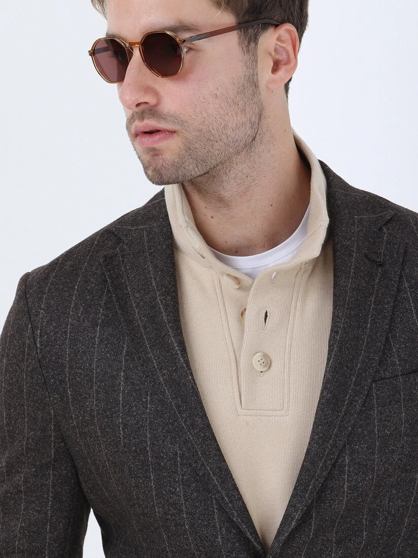 Kahverengi Çizgili Modern Fit Örme Ceket - 4