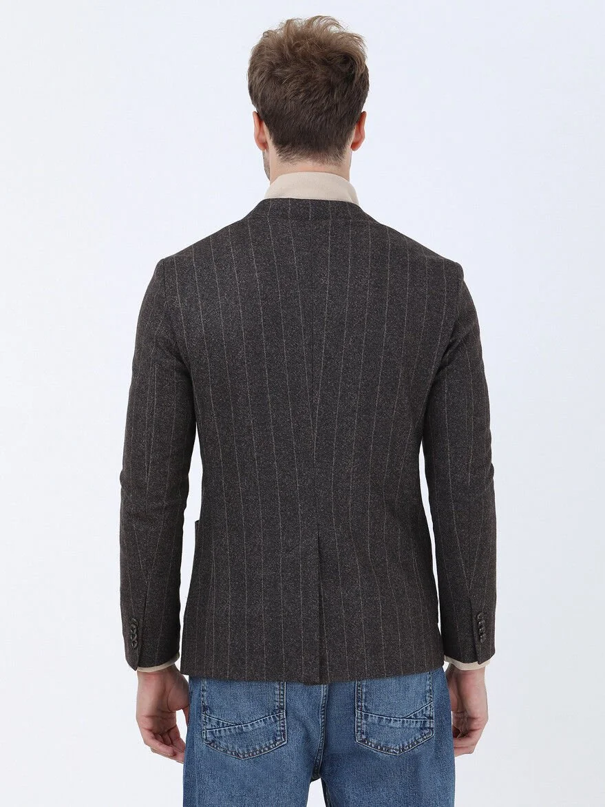 Kahverengi Çizgili Modern Fit Örme Ceket - 6