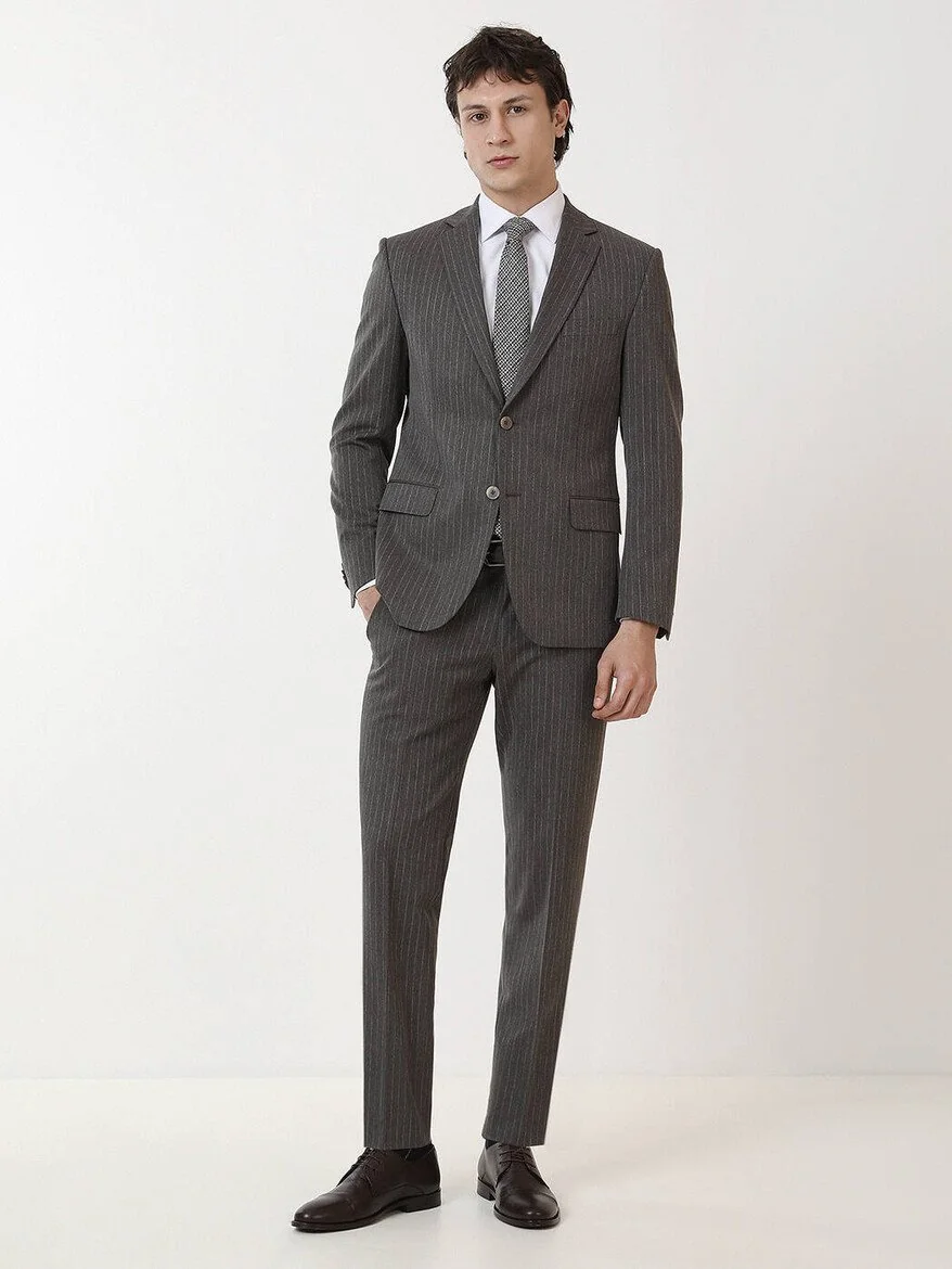 Kahverengi Çizgili Modern Fit Takım Elbise - 1
