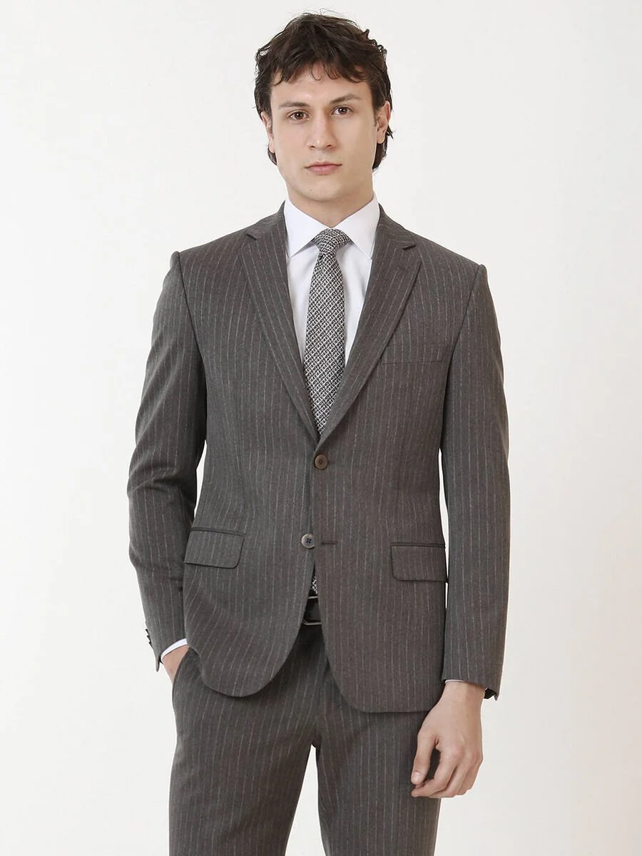 Kahverengi Çizgili Modern Fit Takım Elbise - 2