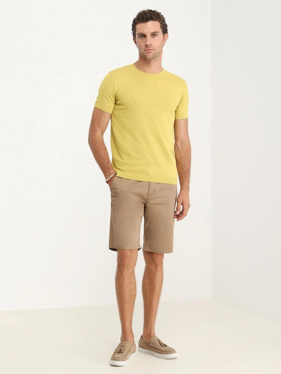 Kahverengi Dokuma Slim Fit Casual Pamuk Karışımlı Bermuda - 2