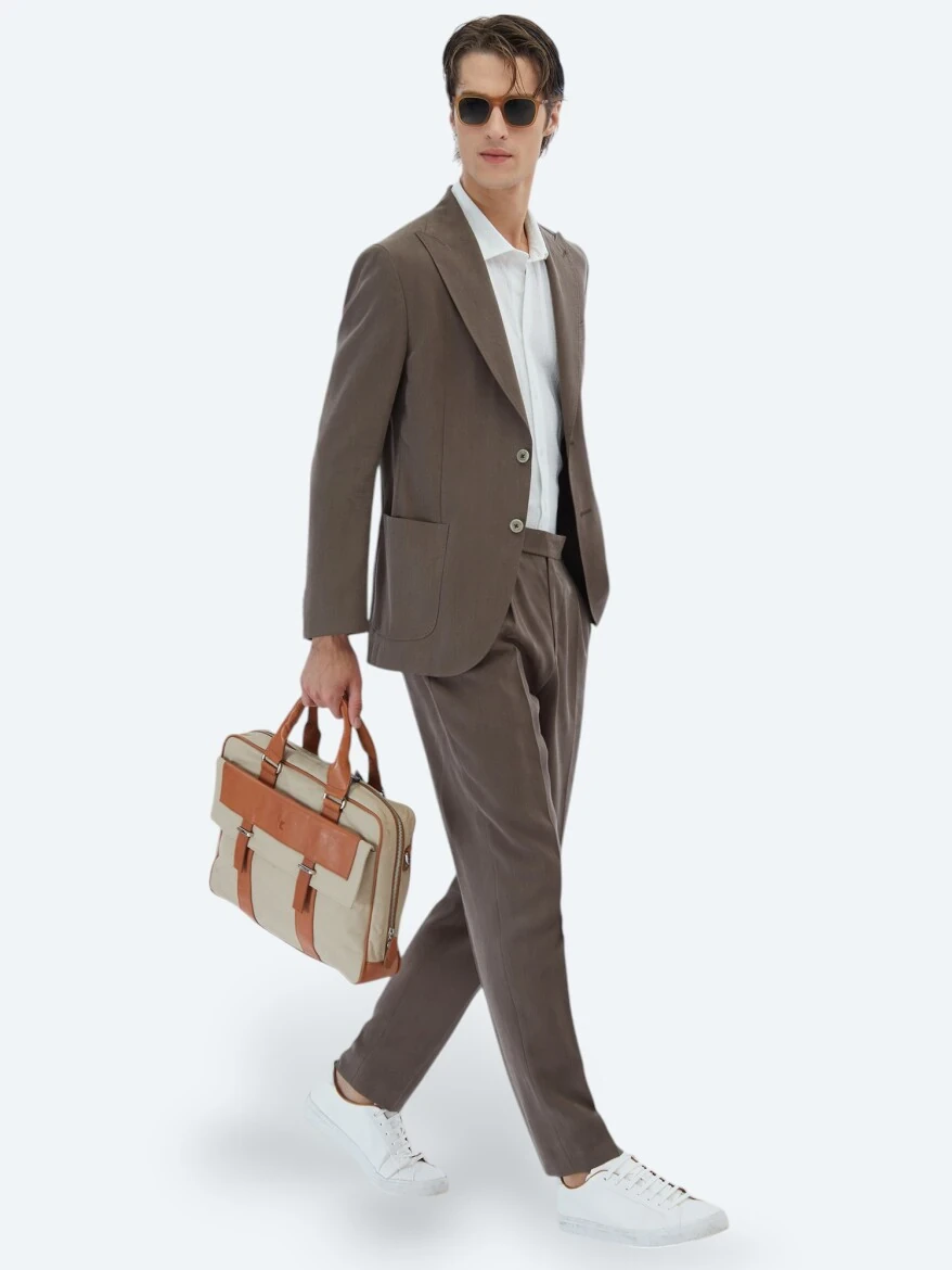 Kahverengi Düz Modern Fit Takım Elbise - 1
