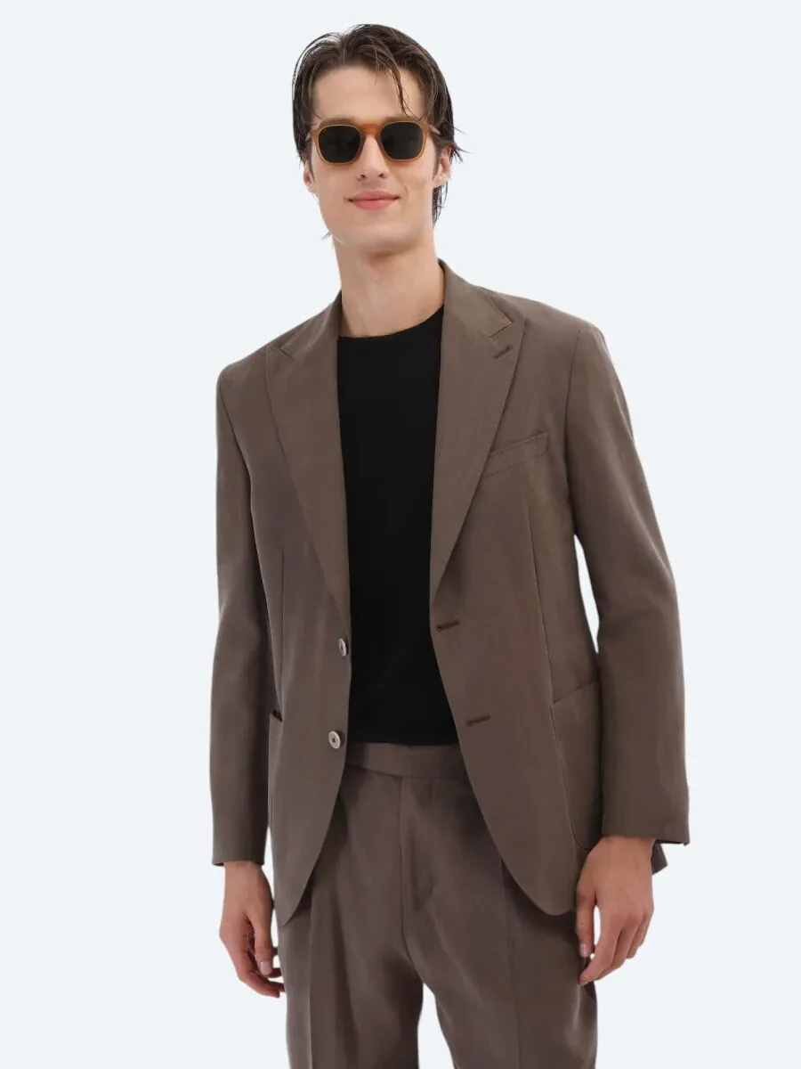 Kahverengi Düz Modern Fit Takım Elbise - 2