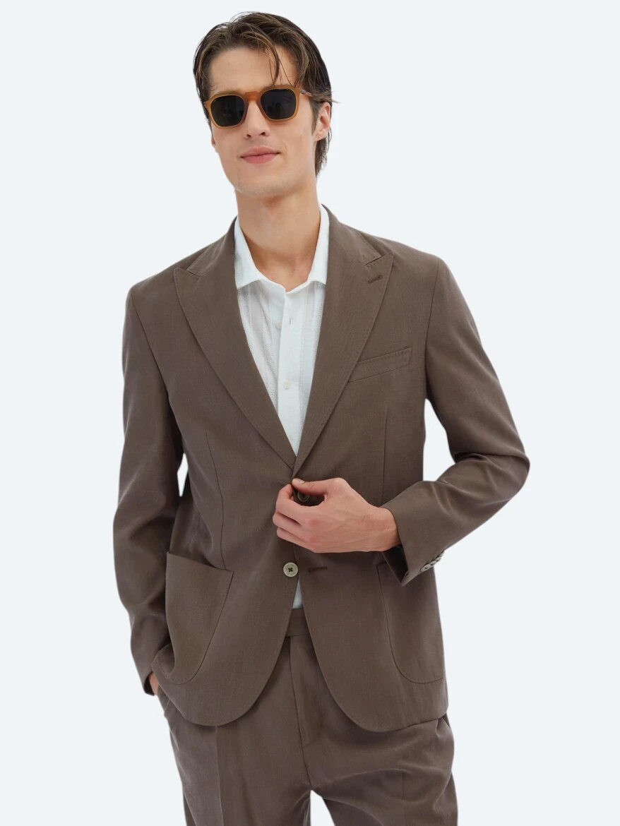 Kahverengi Düz Modern Fit Takım Elbise - 3