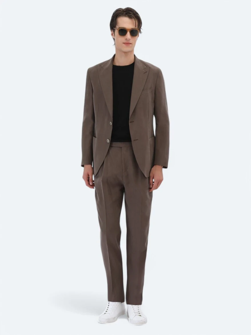 Kahverengi Düz Modern Fit Takım Elbise - 4