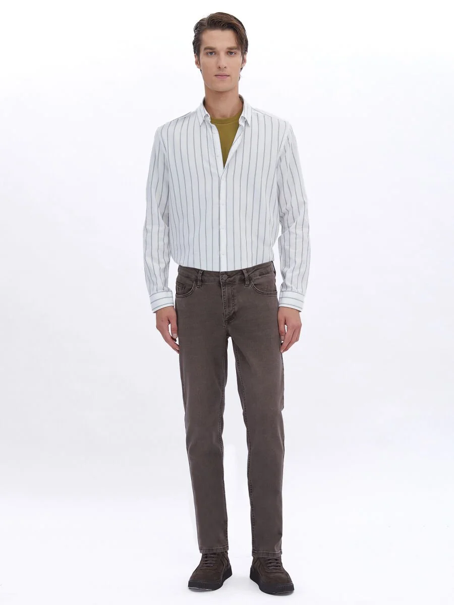 Kahverengi Düz Slim Fit Denim Pamuk Karışımlı Pantolon - 1