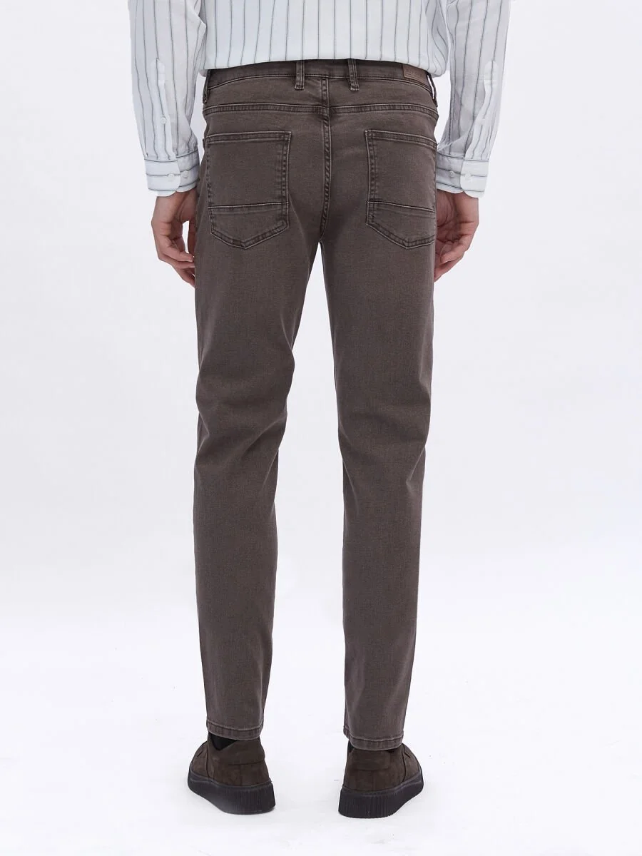 Kahverengi Düz Slim Fit Denim Pamuk Karışımlı Pantolon - 4
