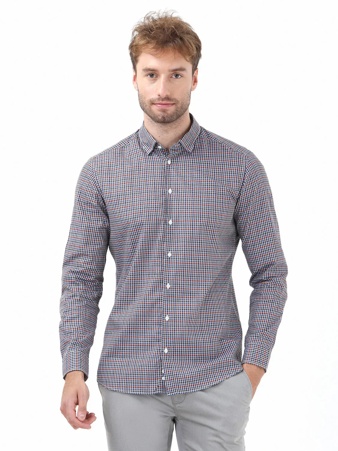 Kahverengi Kareli Slim Fit Dokuma Casual %100 Pamuk Gömlek - 1