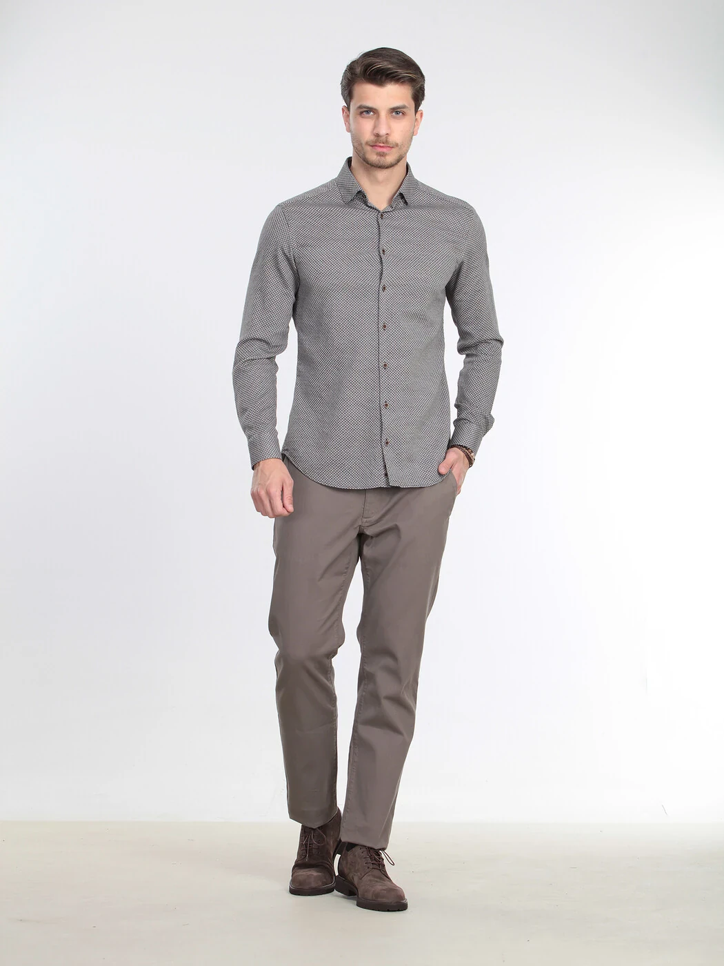 Kahverengi Mikro Slim Fit Dokuma Casual %100 Pamuk Gömlek - 1