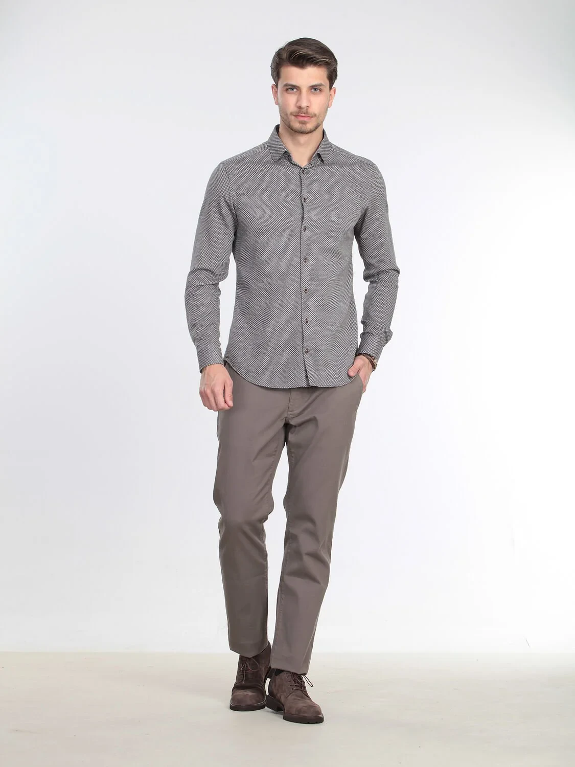 Kahverengi Mikro Slim Fit Dokuma Casual %100 Pamuk Gömlek - 1