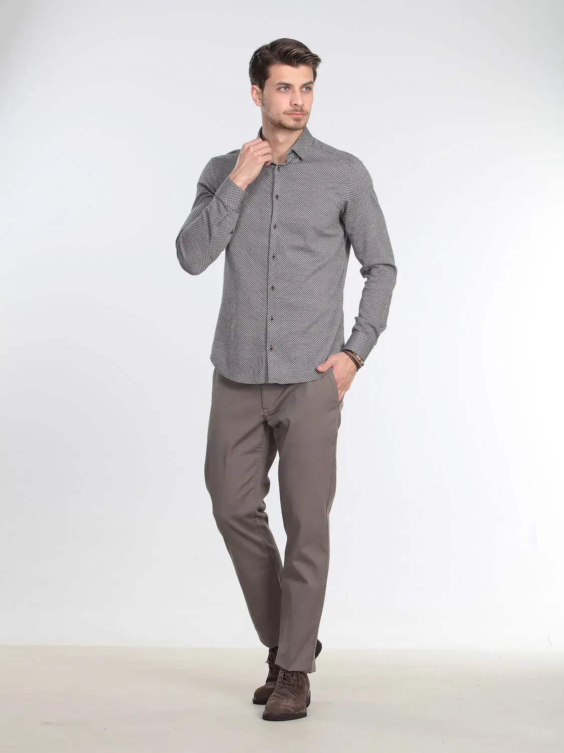 Kahverengi Mikro Slim Fit Dokuma Casual %100 Pamuk Gömlek - 2