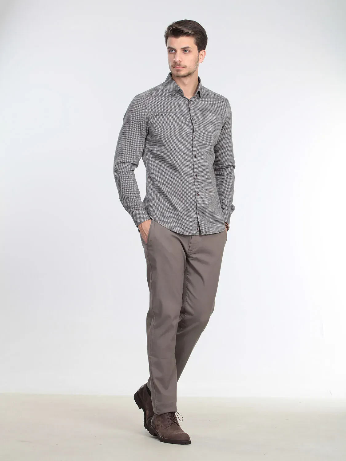 Kahverengi Mikro Slim Fit Dokuma Casual %100 Pamuk Gömlek - 3