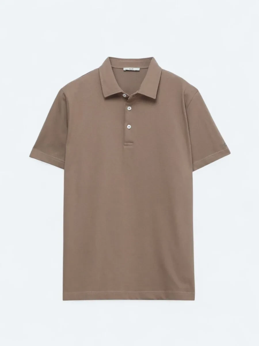 Kahverengi Polo Yaka Pamuk Karışımlı T-Shirt - 1