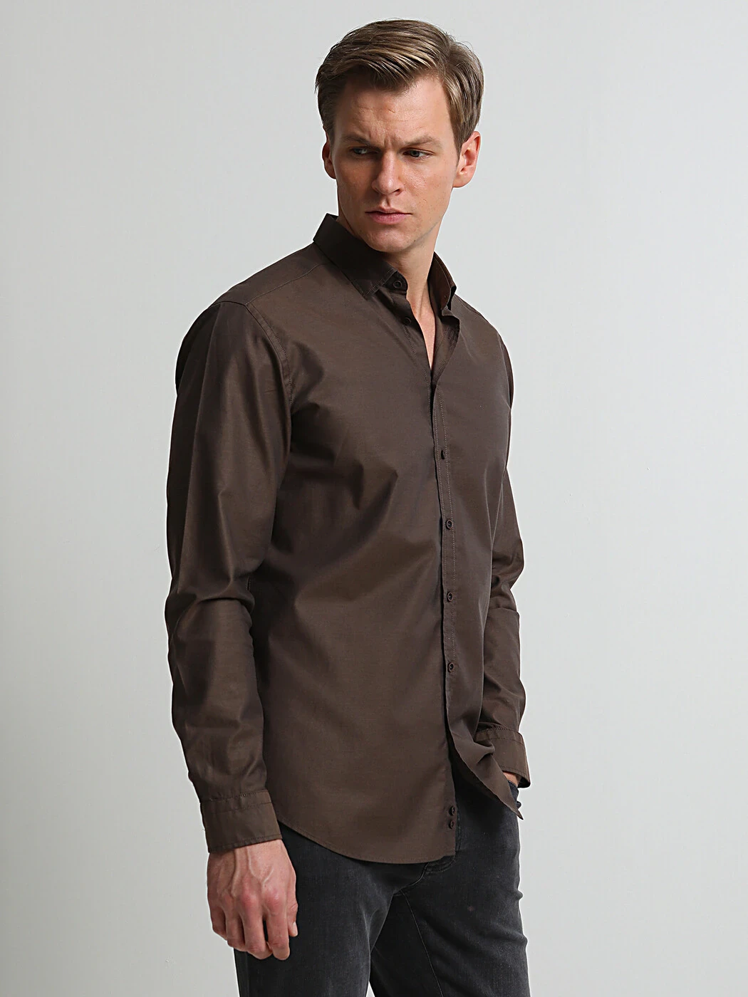 Kahverengi Regular Fit Dokuma Casual %100 Pamuk Gömlek - 1