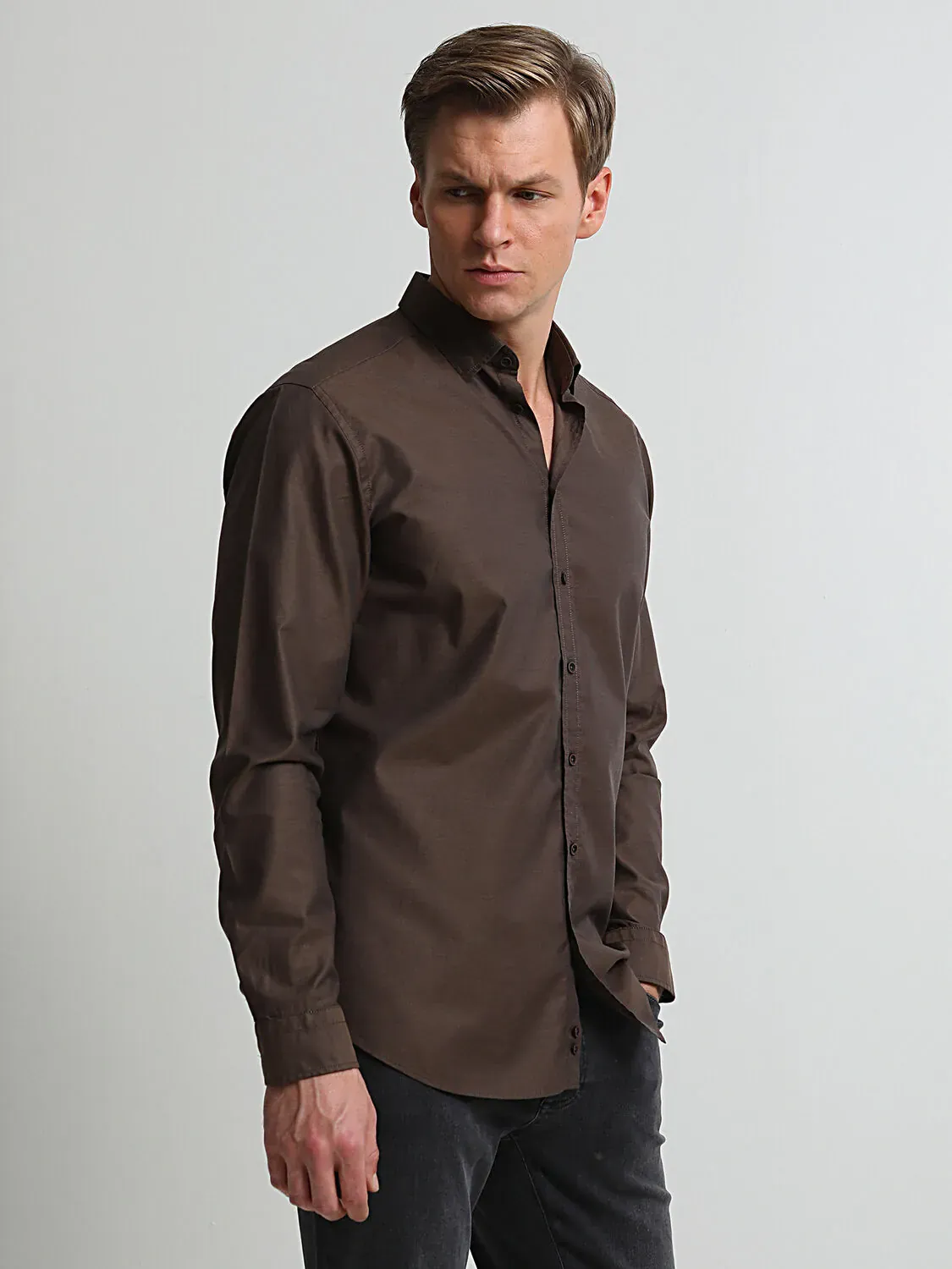 Kahverengi Regular Fit Dokuma Casual %100 Pamuk Gömlek - 1