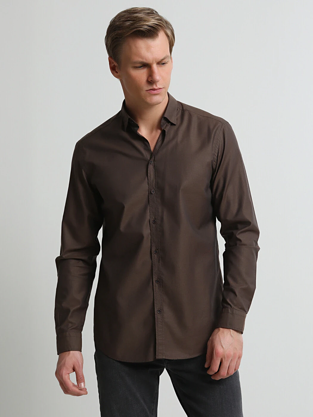 Kahverengi Regular Fit Dokuma Casual %100 Pamuk Gömlek - 3