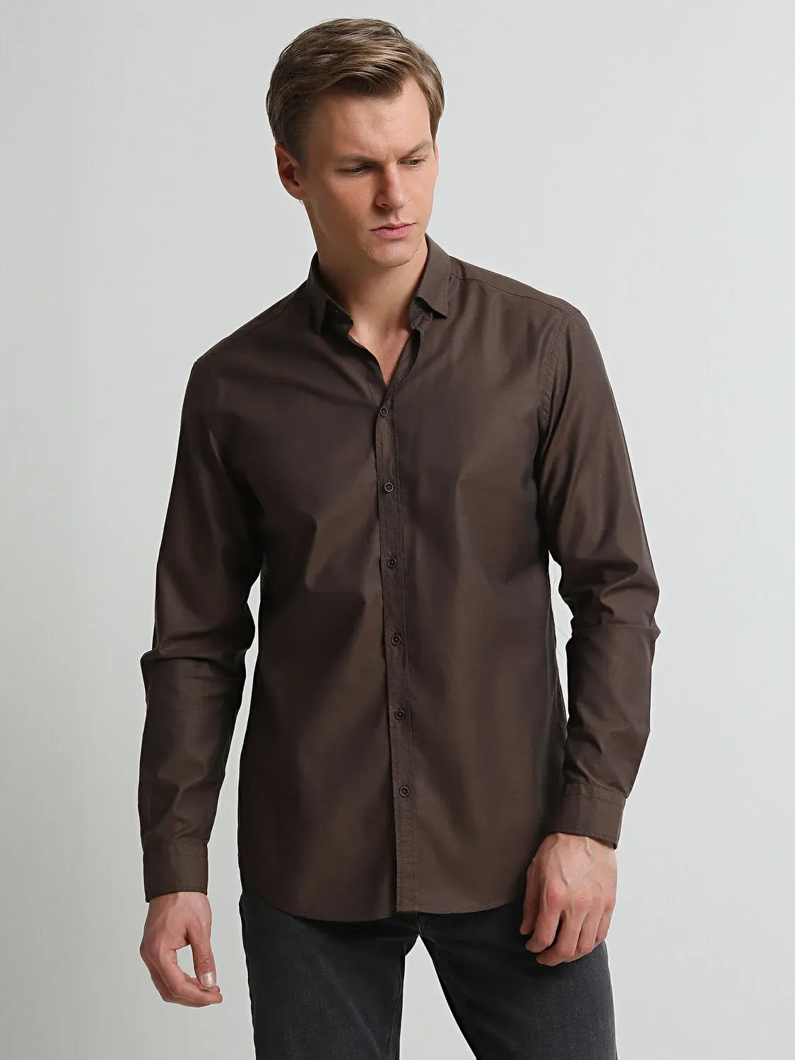 Kahverengi Regular Fit Dokuma Casual %100 Pamuk Gömlek - 3