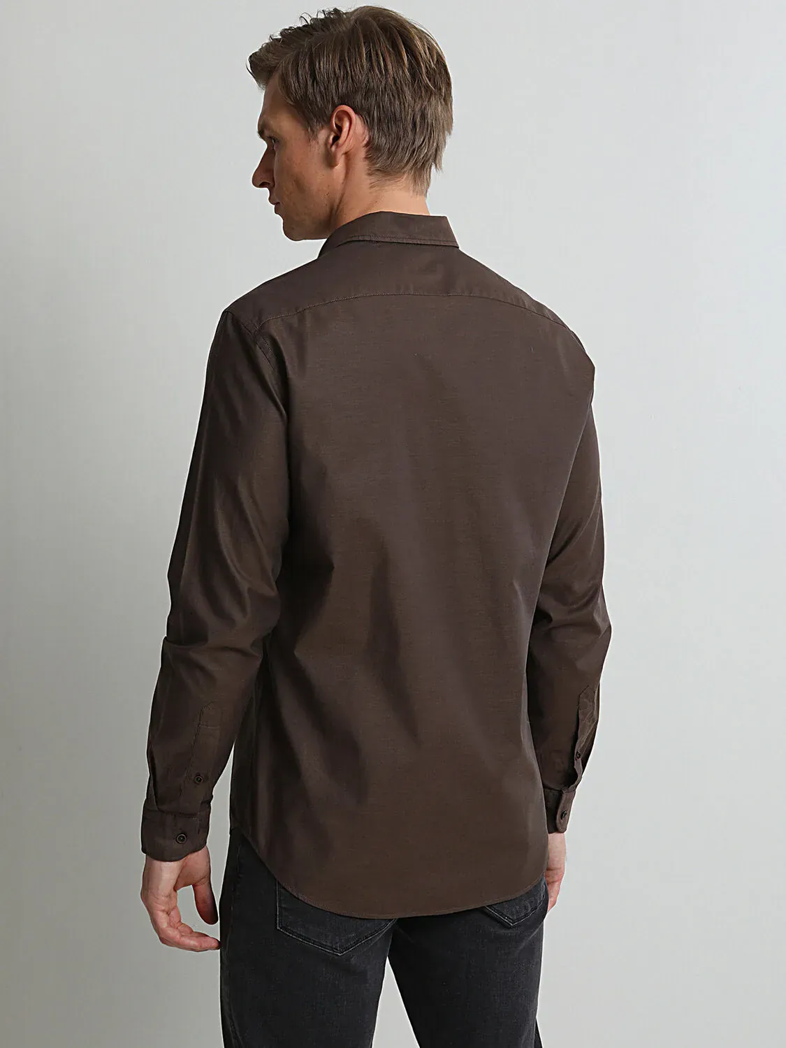 Kahverengi Regular Fit Dokuma Casual %100 Pamuk Gömlek - 4