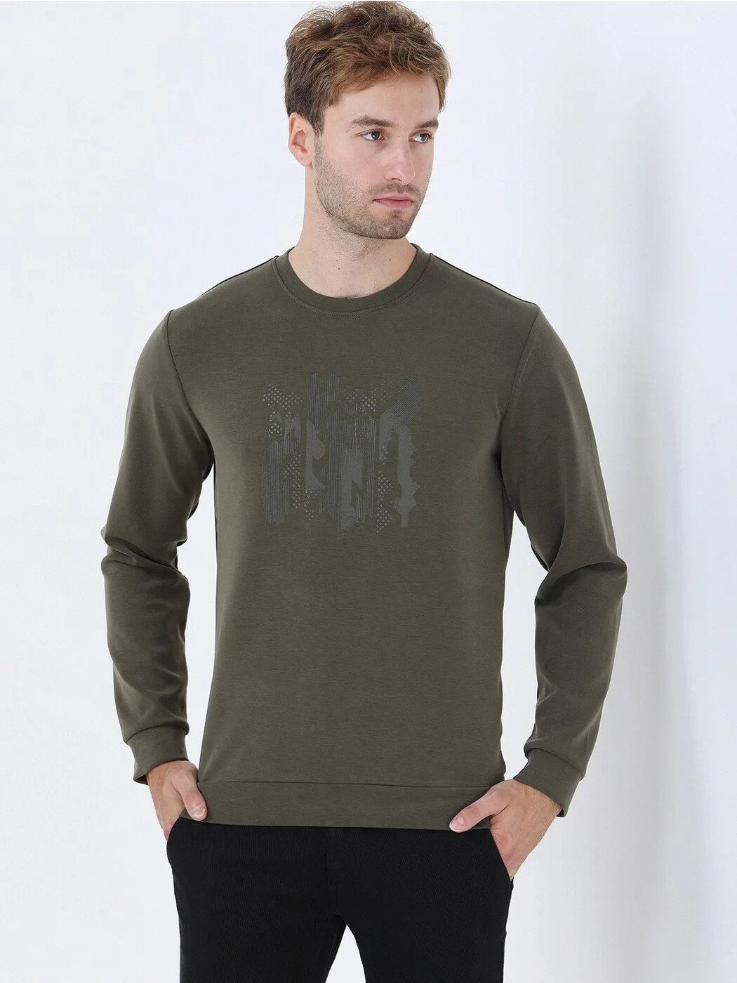 Khaki Crew Neck Printed Sweatshirt - 1