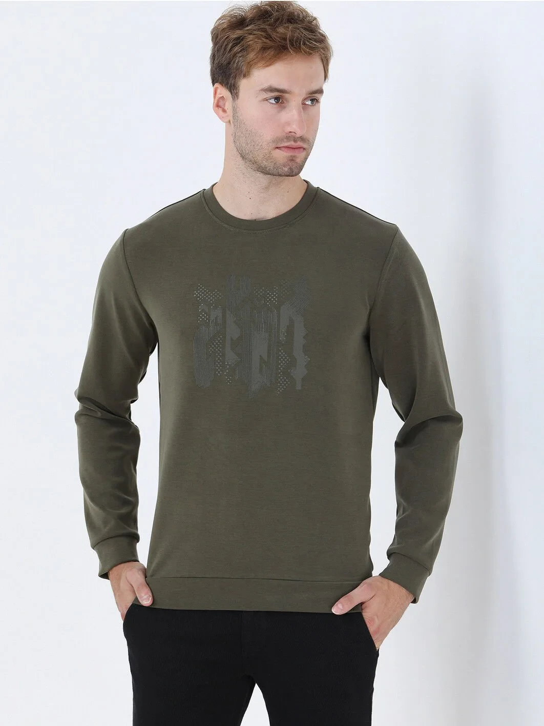 Khaki Crew Neck Printed Sweatshirt - 1