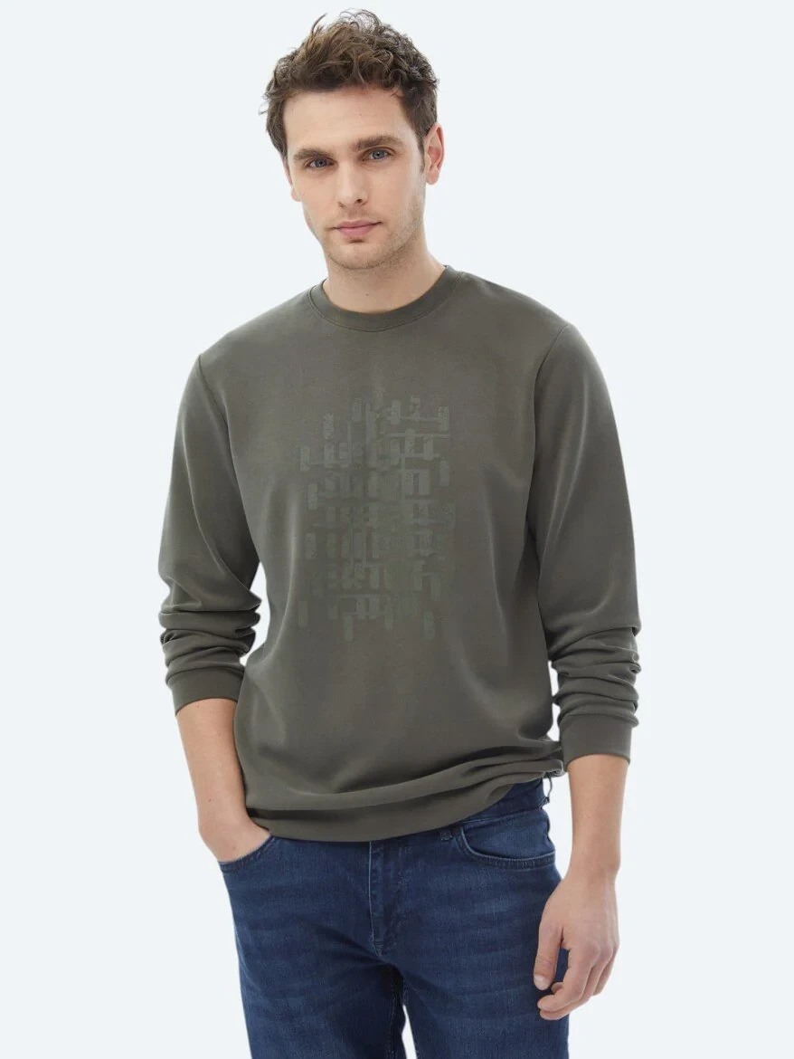 Khaki Crew Neck Printed Sweatshirt - 1