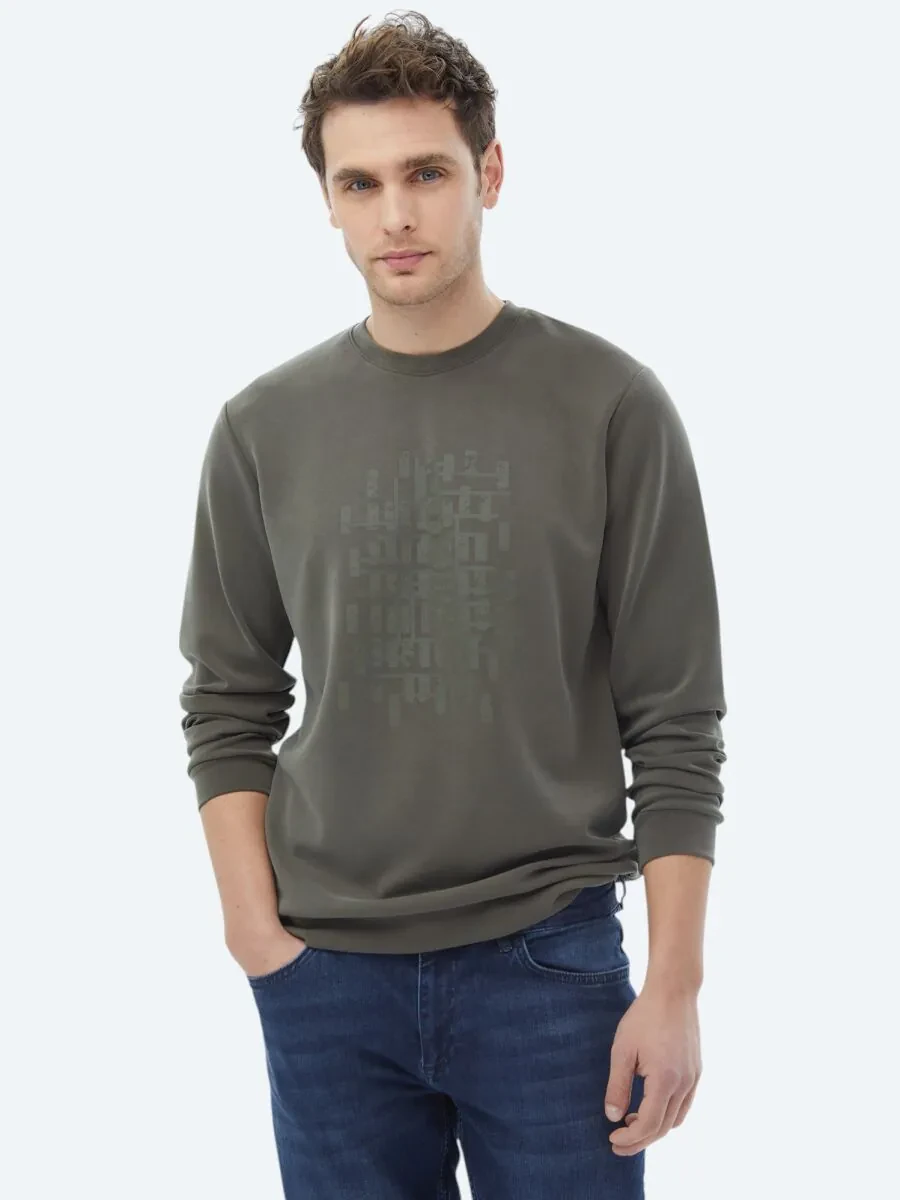 Khaki Crew Neck Printed Sweatshirt - 1
