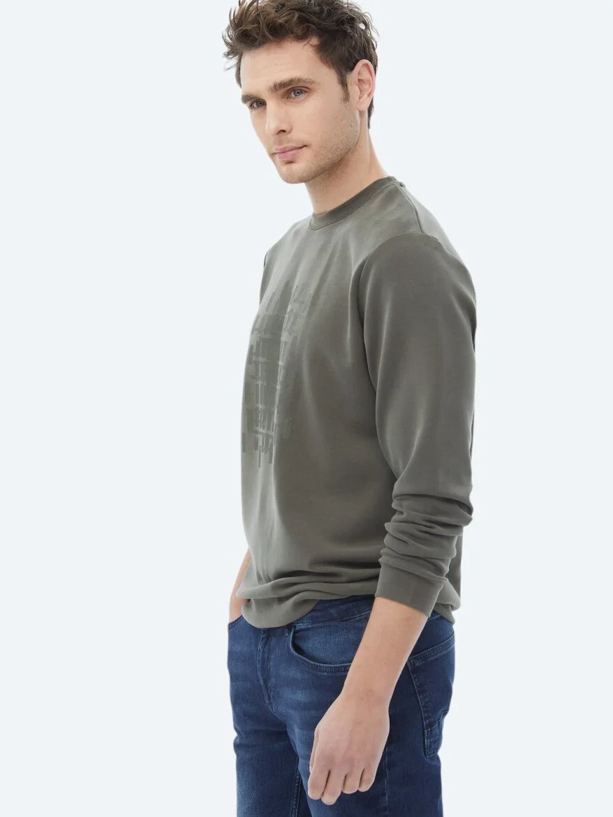 Khaki Crew Neck Printed Sweatshirt - 2
