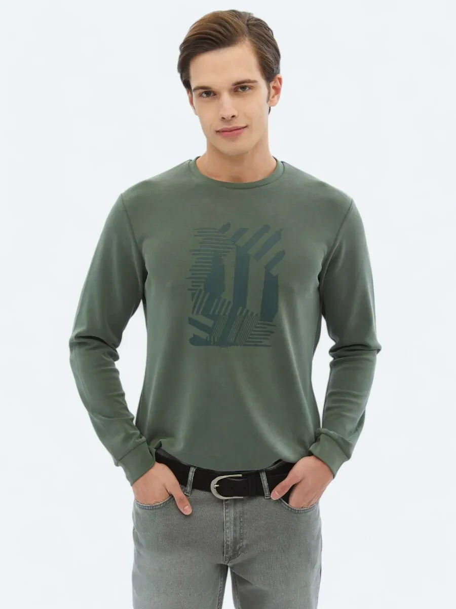 Khaki Crew Neck Printed Sweatshirt - 3