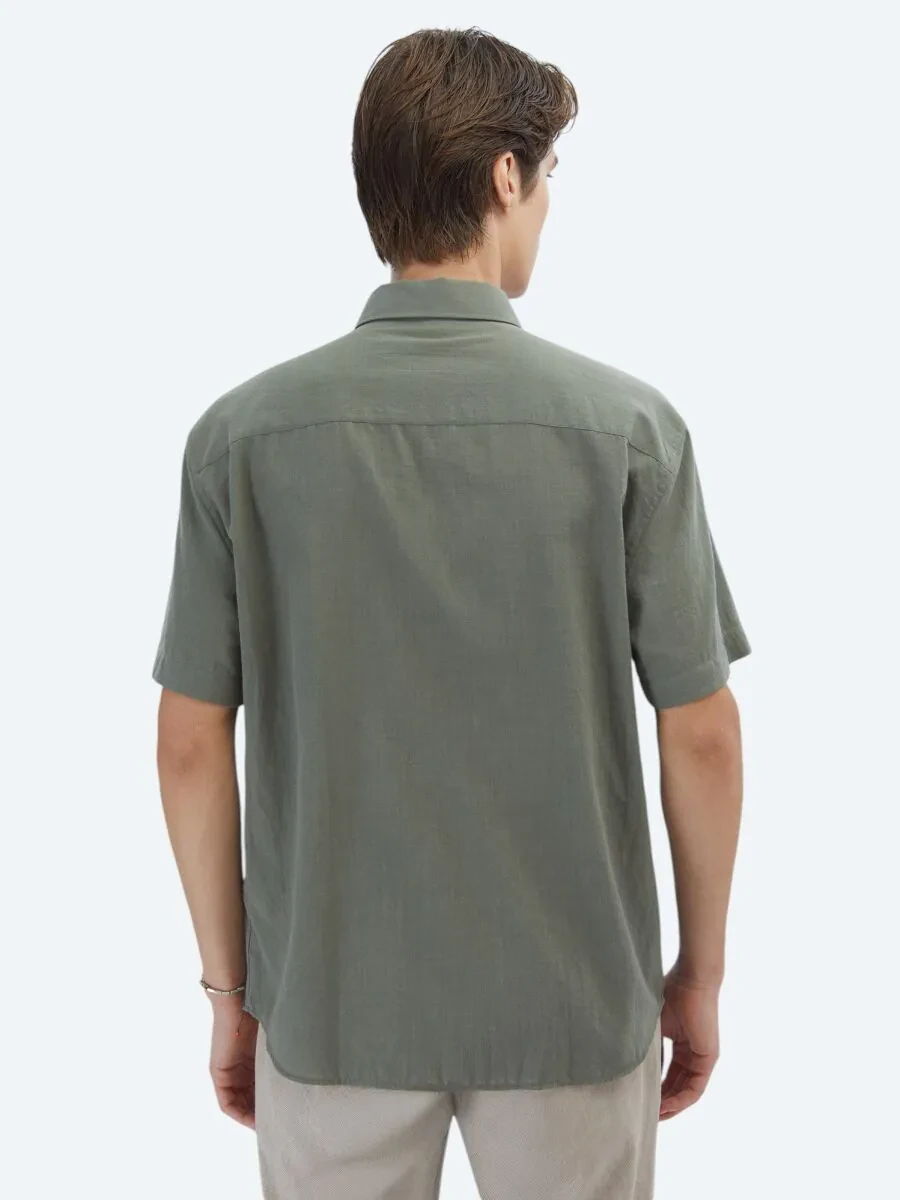 Khaki Oversize Fit Weaving Casual 100% Cotton Shirt - 5