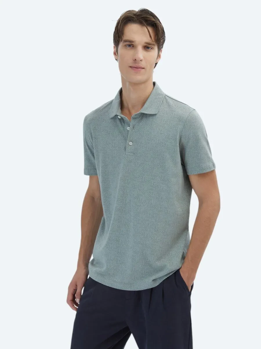 Khaki Patterned Polo Neck Cotton Blended T-Shirt - 1