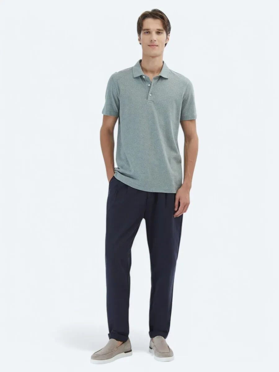 Khaki Patterned Polo Neck Cotton Blended T-Shirt - 2