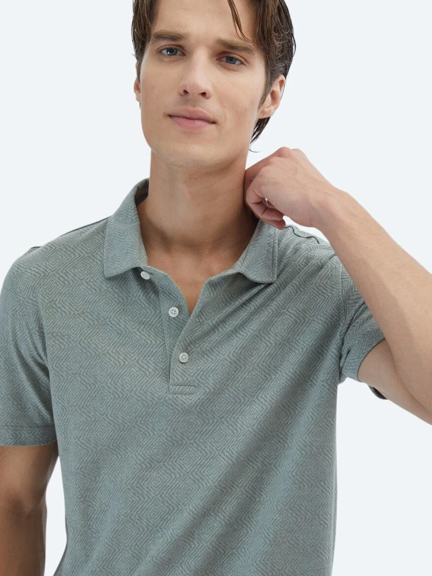 Khaki Patterned Polo Neck Cotton Blended T-Shirt - 3