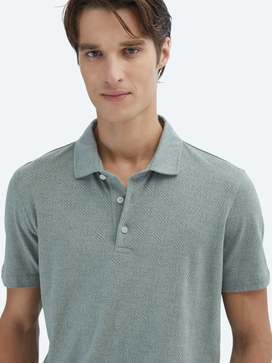 Khaki Patterned Polo Neck Cotton Blended T-Shirt 