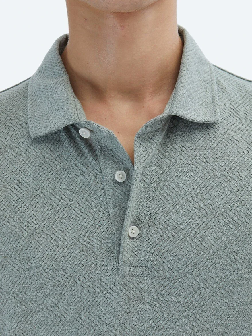 Khaki Patterned Polo Neck Cotton Blended T-Shirt - 6