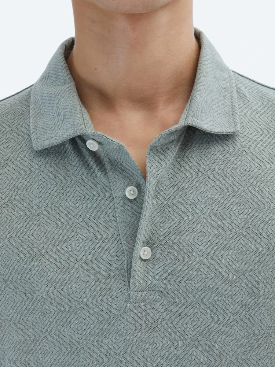 Khaki Patterned Polo Neck Cotton Blended T-Shirt - 6