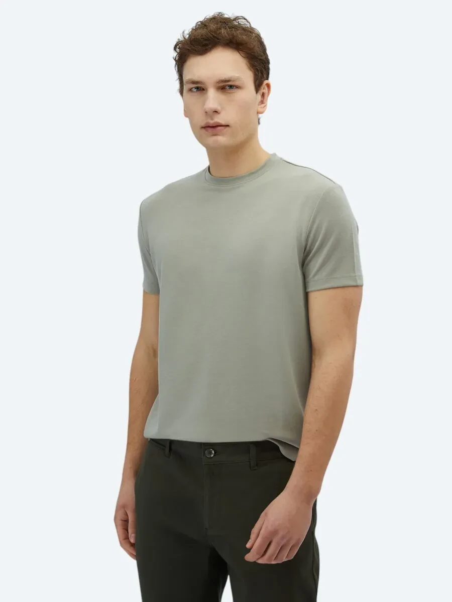 Khaki Plain Crew Neck T-Shirt - 1