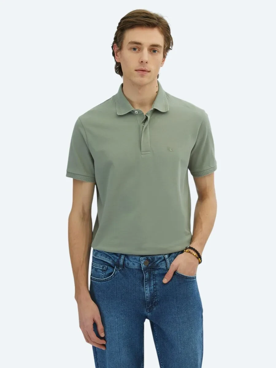 Khaki Plain Polo Neck 100% Cotton T-Shirt - 1