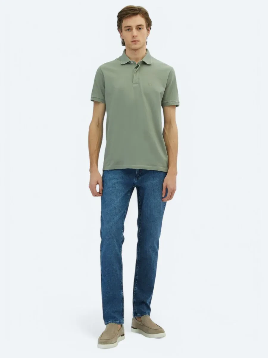 Khaki Plain Polo Neck 100% Cotton T-Shirt - 2
