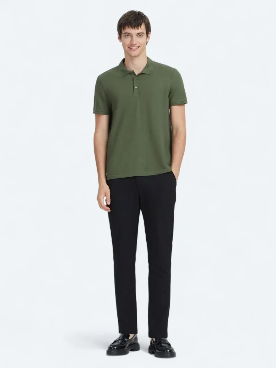 Khaki Plain Polo Neck 100% Cotton T-Shirt - 2