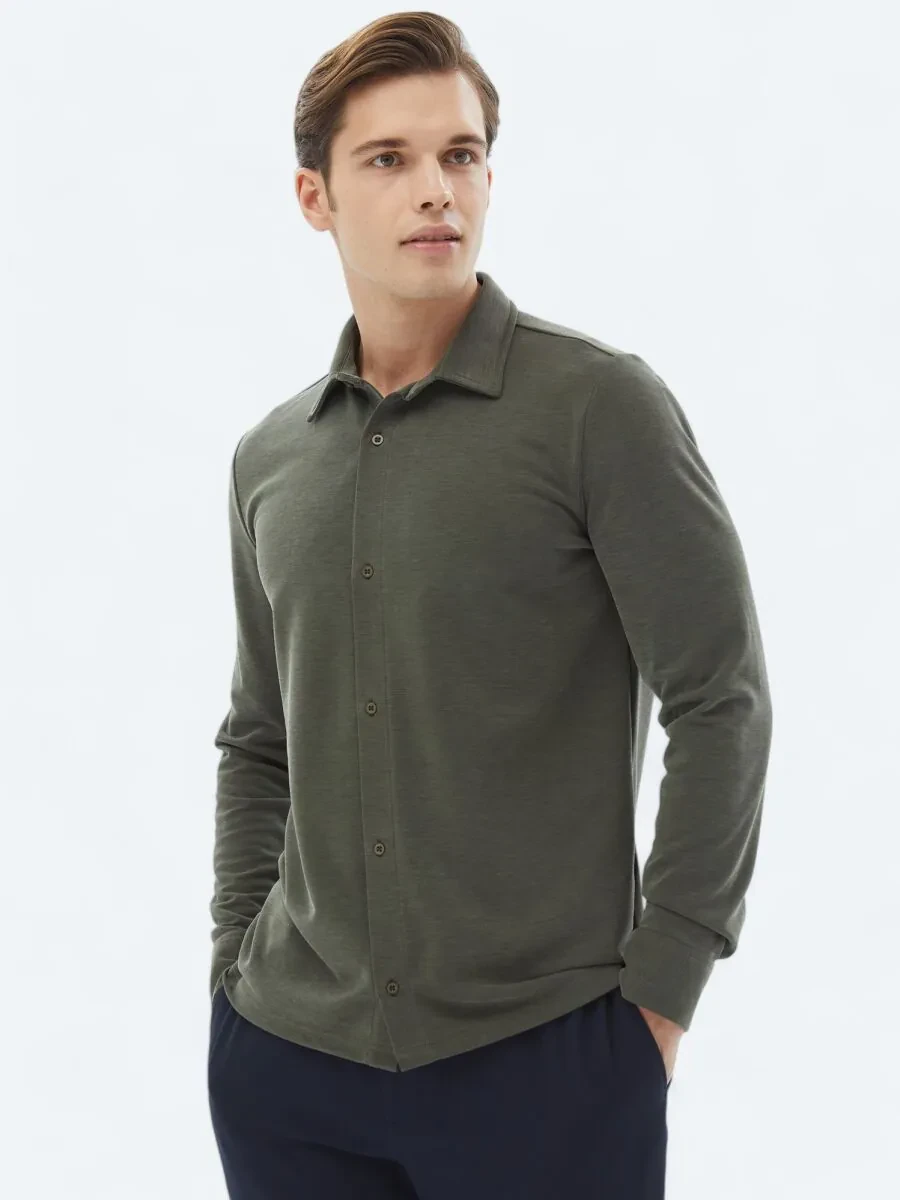 Khaki Plain Regular Fit Knitting Casual Shirt - 1