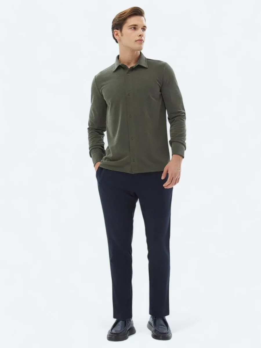 Khaki Plain Regular Fit Knitting Casual Shirt - 2