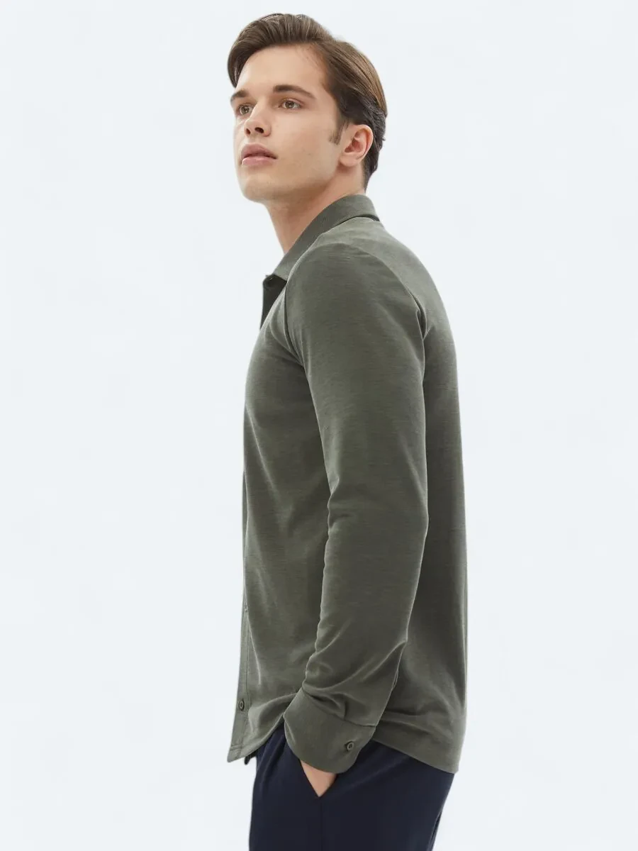 Khaki Plain Regular Fit Knitting Casual Shirt - 3