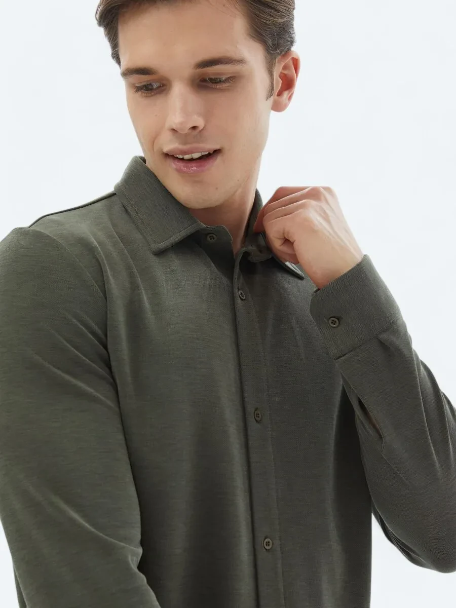Khaki Plain Regular Fit Knitting Casual Shirt - 4