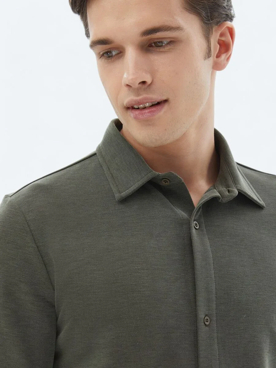 Khaki Plain Regular Fit Knitting Casual Shirt - 5
