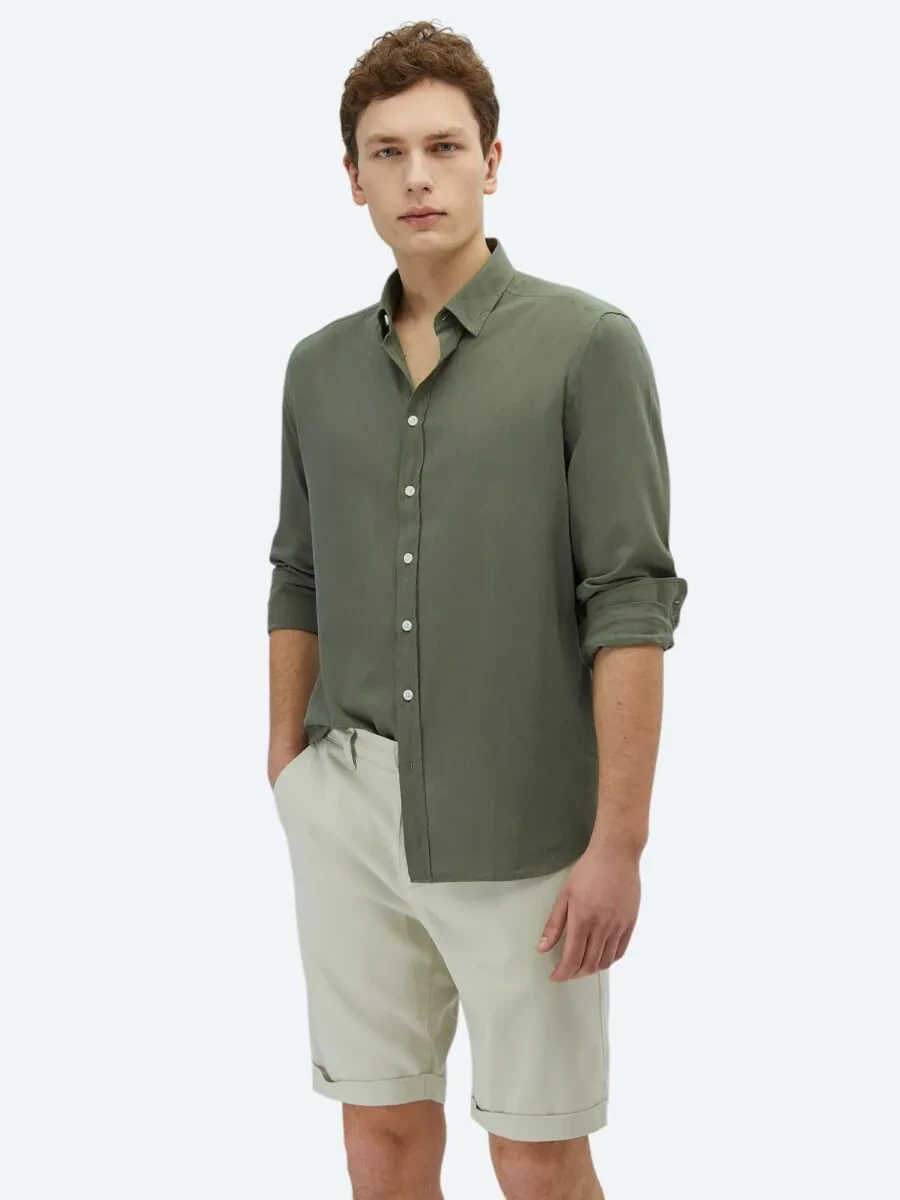 Khaki Plain Weaving Casual 100% Cotton Shirt - 1