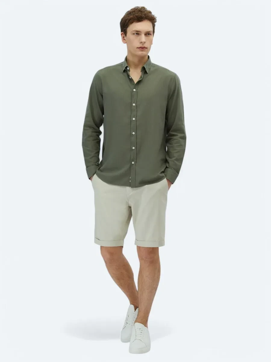 Khaki Plain Weaving Casual 100% Cotton Shirt - 2