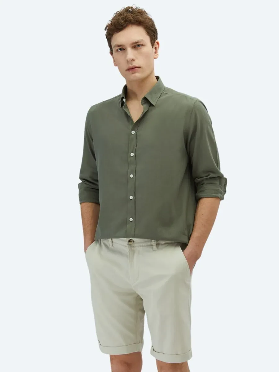 Khaki Plain Weaving Casual 100% Cotton Shirt - 3