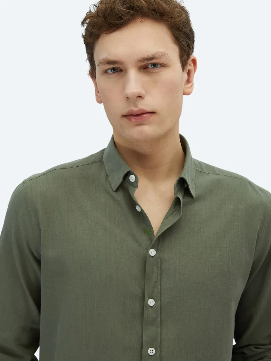 Khaki Plain Weaving Casual 100% Cotton Shirt - 4