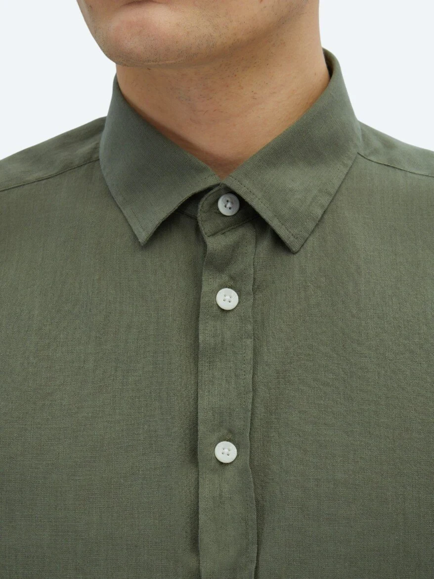 Khaki Plain Weaving Casual 100% Cotton Shirt - 5